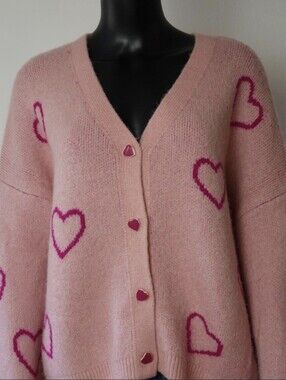 CeCe Pink Heart-Print V-Neck Cardigan with Hot-Pink Accents